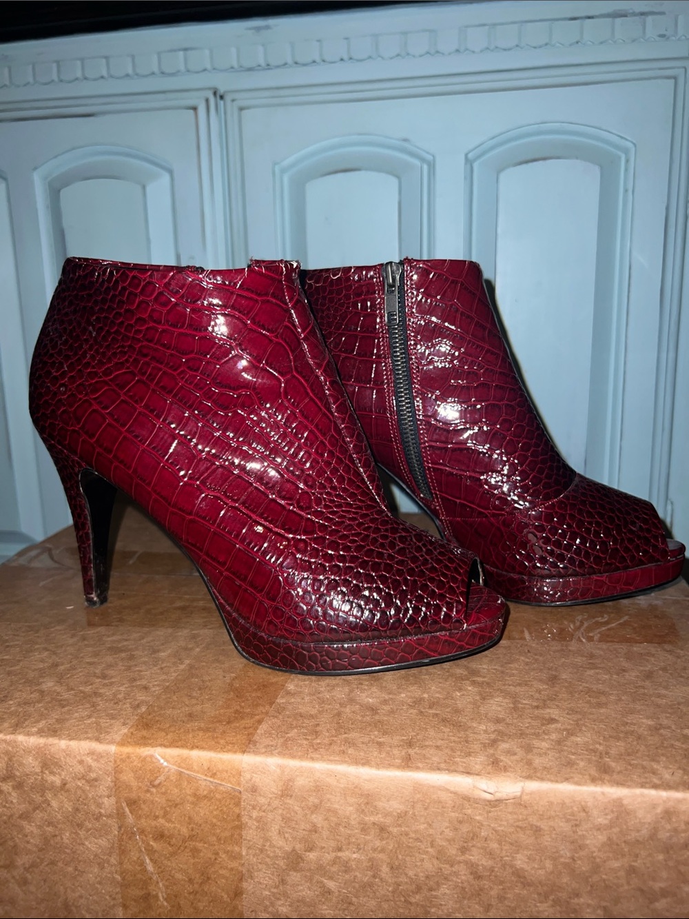 White House Black Market Burgundy Croc-Embossed Peep-Toe Heel Booties